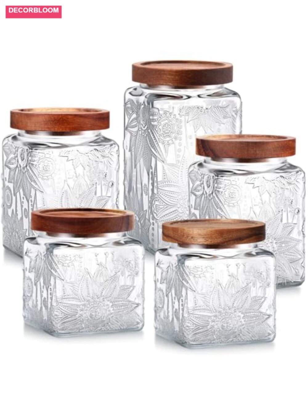 Set of 5 Vintage Glass Jars with Bamboo Airtight Lids Kitchen Food Storage